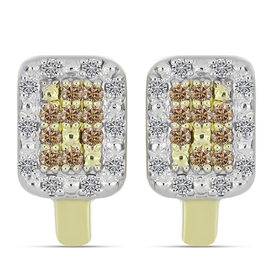 Pozlacené Stříbro 925/1000 - Náušnice s Champagne Diamantem a Bílým Diamantem - Karátové číslo: 0.29. přibližná hmotnost: 3.06 gramů