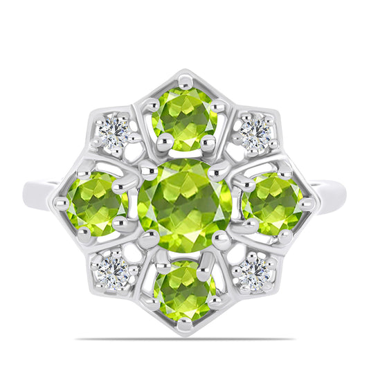 Stříbro 925/1000 Prsten s Čchang-pajským Peridotem a Bílým Topazem - Karátové číslo: 2.13. přibližná hmotnost: 3.93 gramů