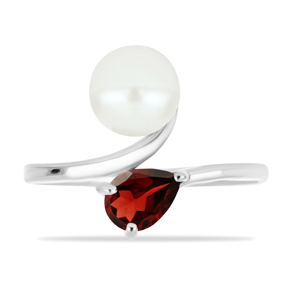 Stříbro 925/1000 - Prsten s Bartonským Granátem a Bílou Sladkovodní Perlou - Karátové číslo: 3.53. přibližná hmotnost: 3.54 gramů 1 