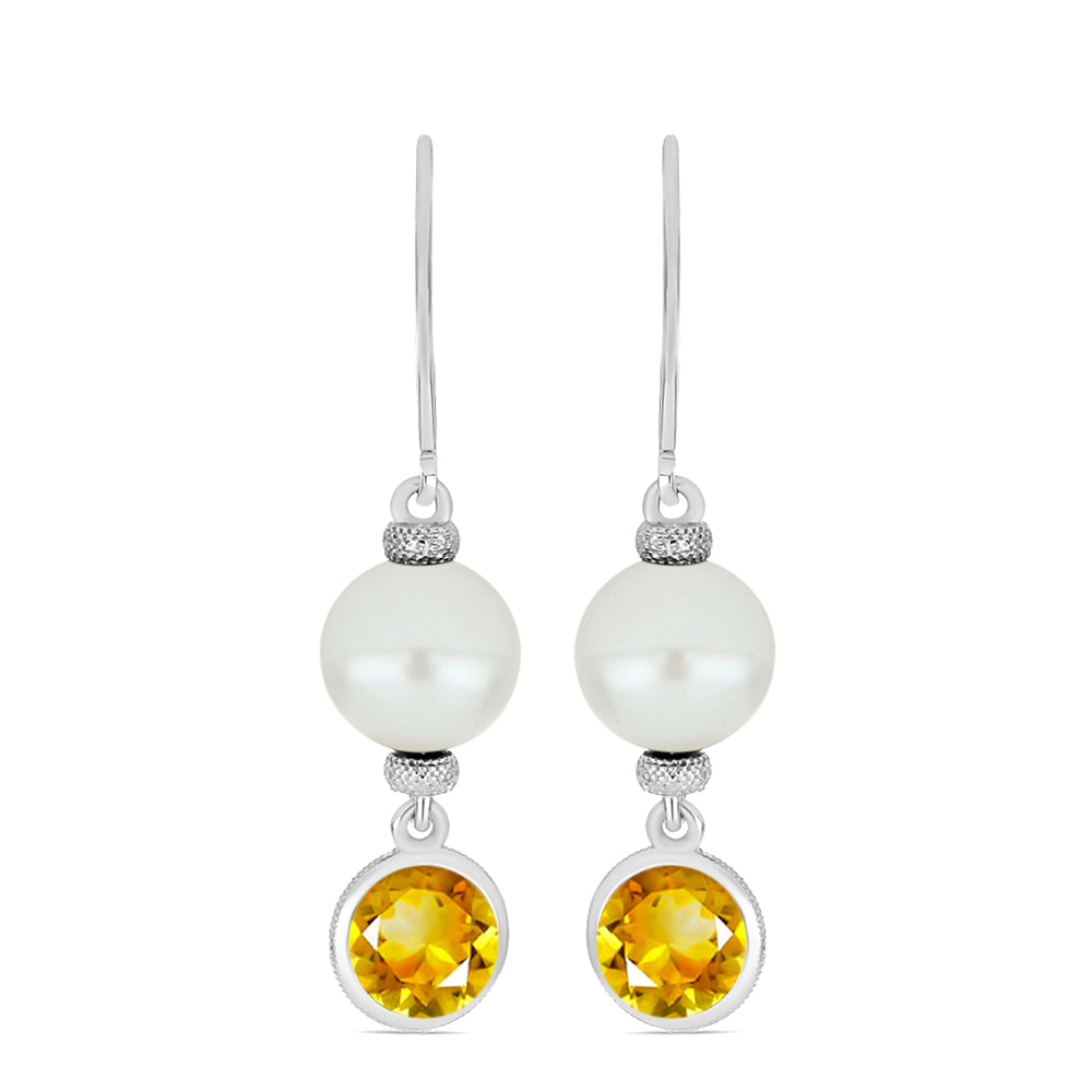Stříbro 925/1000 - Náušnice s Uralským Citrínem a Bílou Sladkovodní Perlou - Karátové číslo: 9.68. přibližná hmotnost: 4.2 gramů 1 