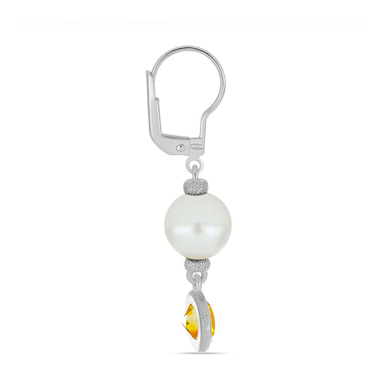 Stříbrné Náušnice s Uralským Citrínem a Bílou Sladkovodní Perlou