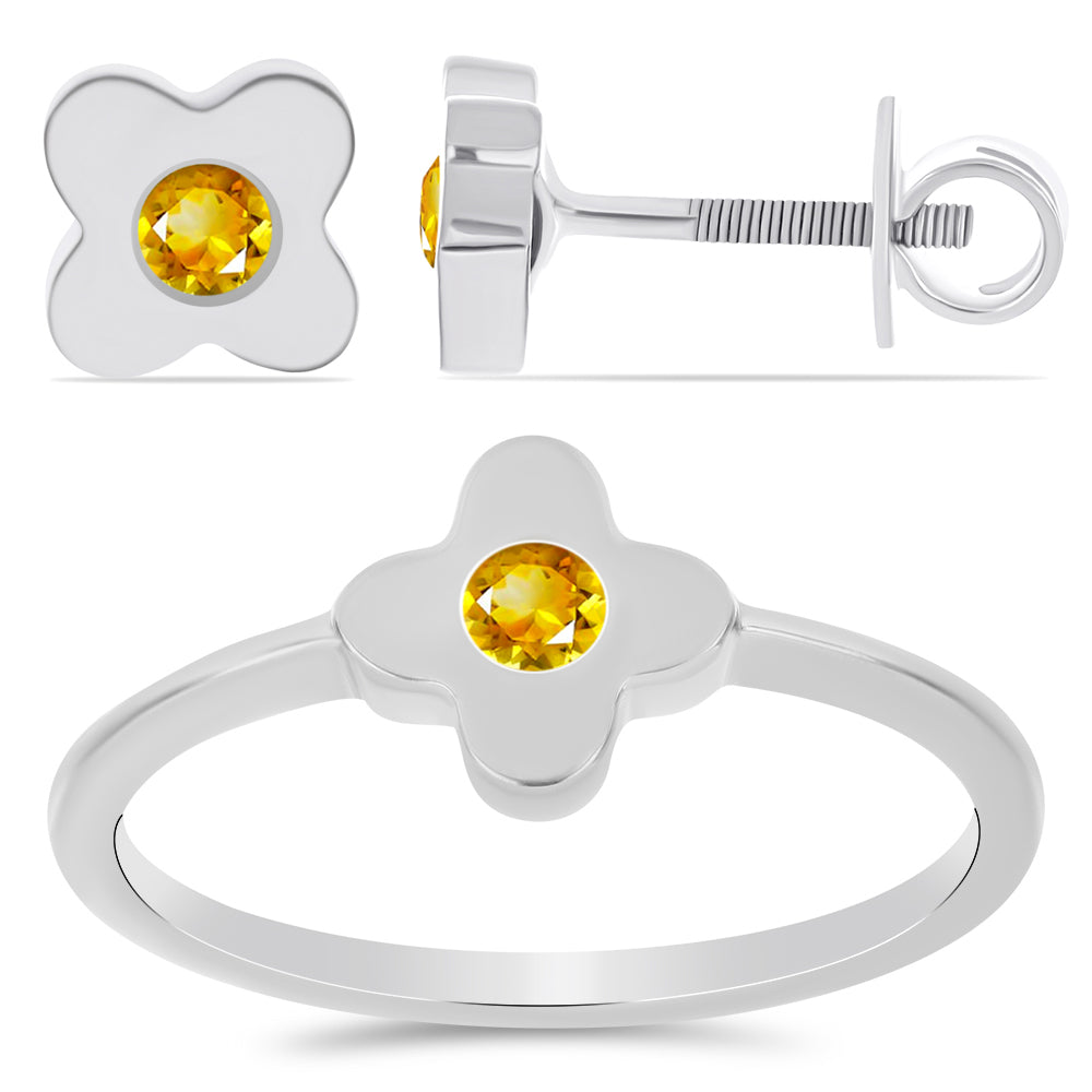 Stříbro 925/1000 - Sada s Uralským Citrínem - Karátové číslo: 0.33. přibližná hmotnost: 3.9 gramů ( Náušnice+Prsten ) 1 