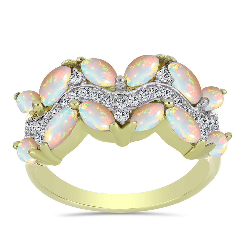 Pozlacené Stříbro 925/1000 - Prsten s Etiopským Opálem z Lega Dembi a Bílým Topazem - Karátové číslo: 1.53. přibližná hmotnost: 4.33 gramů