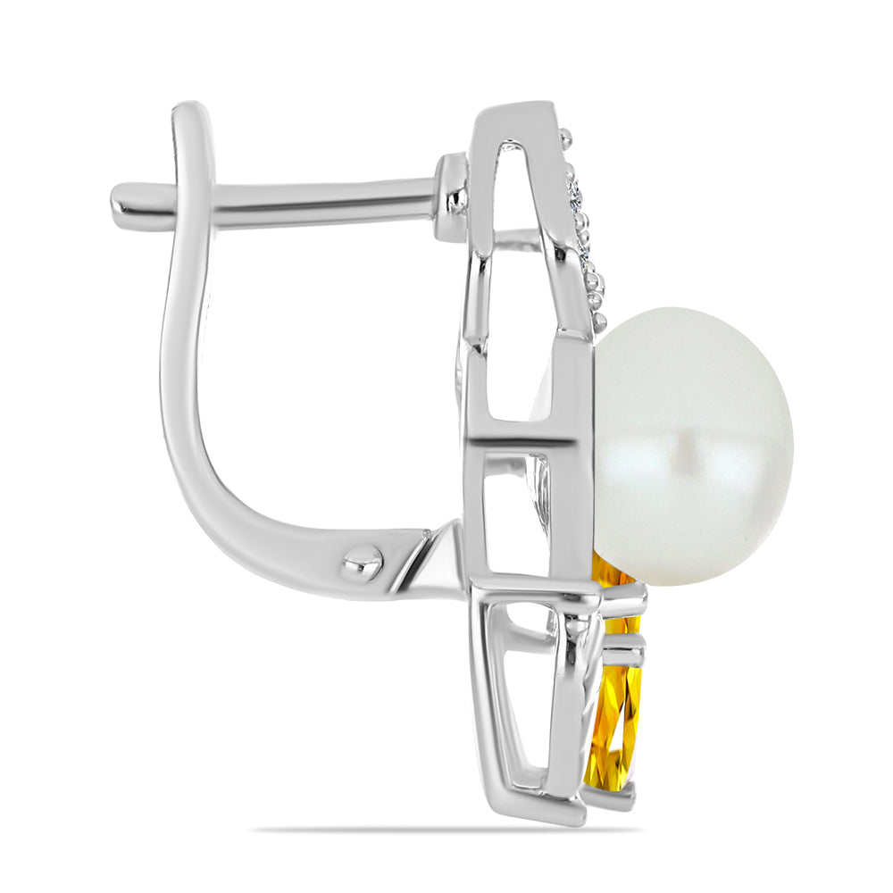 Stříbro 925/1000 - Náušnice s Uralským Citrínem a Bílou Sladkovodní Perlou - Karátové číslo: 6.89. přibližná hmotnost: 7.41 gramů 2 