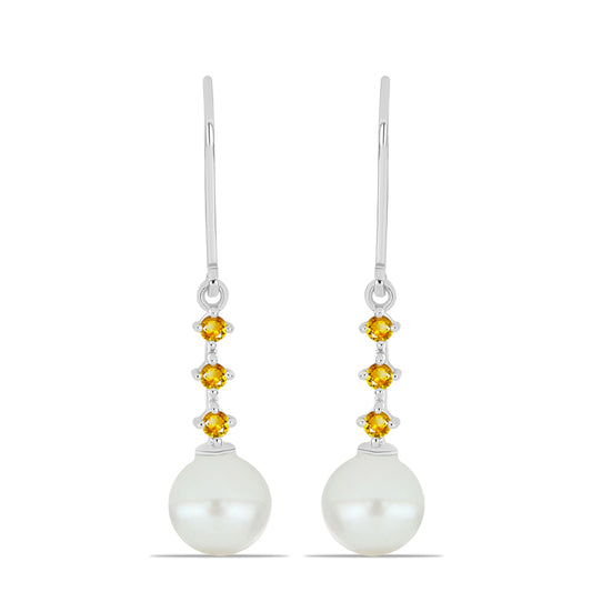 Stříbrné Náušnice s Uralským Citrínem a Bílou Sladkovodní Perlou