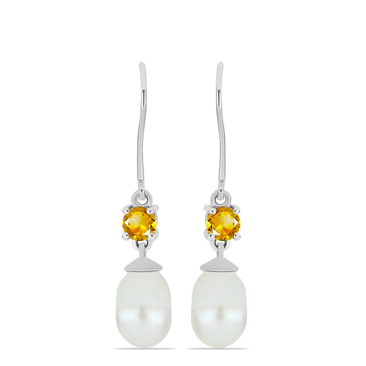 Stříbrné Náušnice s Uralským Citrínem a Bílou Sladkovodní Perlou