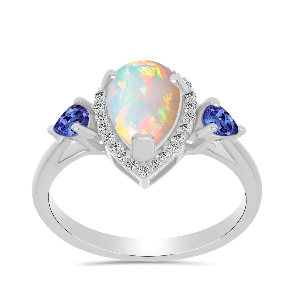 Stříbrný Prsten s Tanzanitem a Etiopským Opálem z Lega Dembi 3 