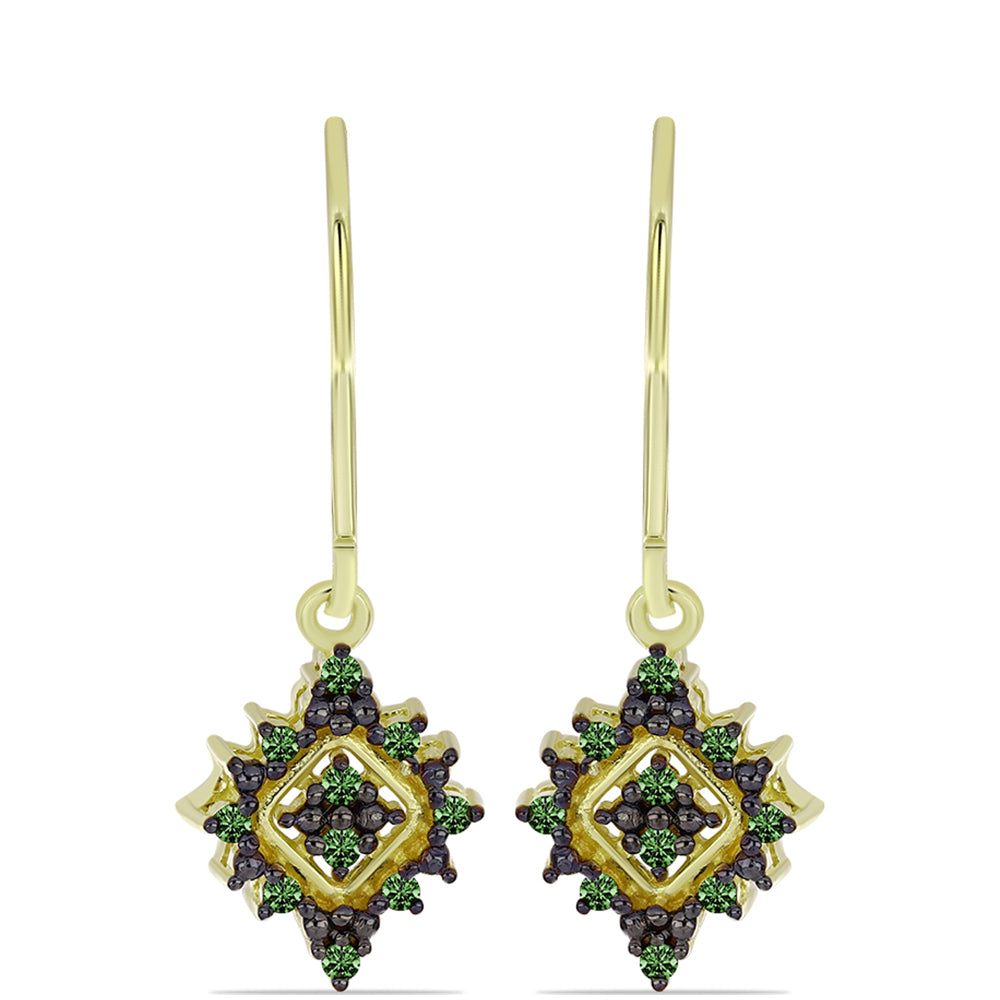 Pozlacené Stříbro 925/1000 - Náušnice se Zeleným Diamantem - Karátové číslo: 0.2. přibližná hmotnost: 2.35 gramů