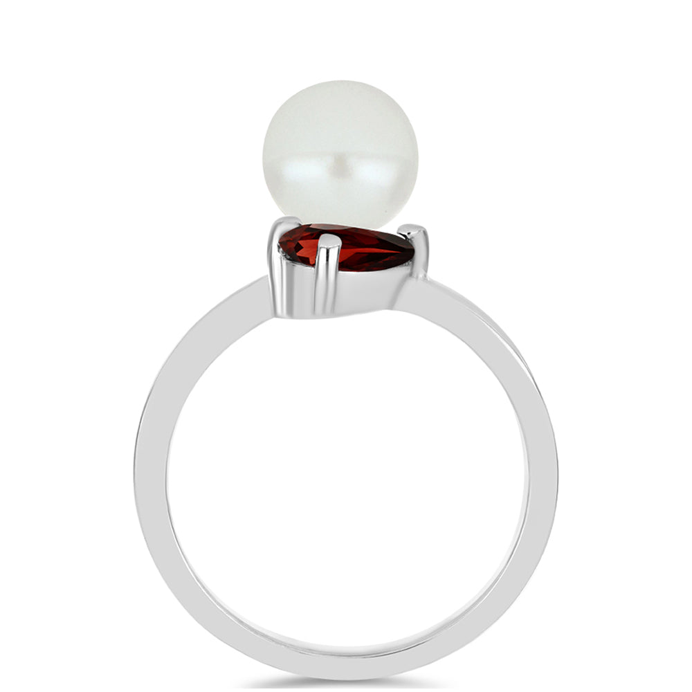 Stříbro 925/1000 - Prsten s Bartonským Granátem a Bílou Sladkovodní Perlou - Karátové číslo: 4.61. přibližná hmotnost: 3.15 gramů
