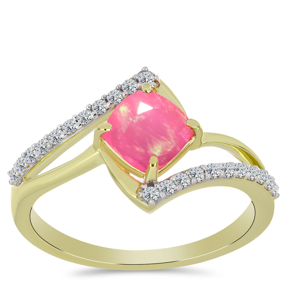 Pozlacené Stříbro 925/1000 - Prsten s Růžovým Etiopským Opálem z Lega Dembi a Bílým Topazem - Karátové číslo: 0.69. přibližná hmotnost: 2.18 gramů 3 