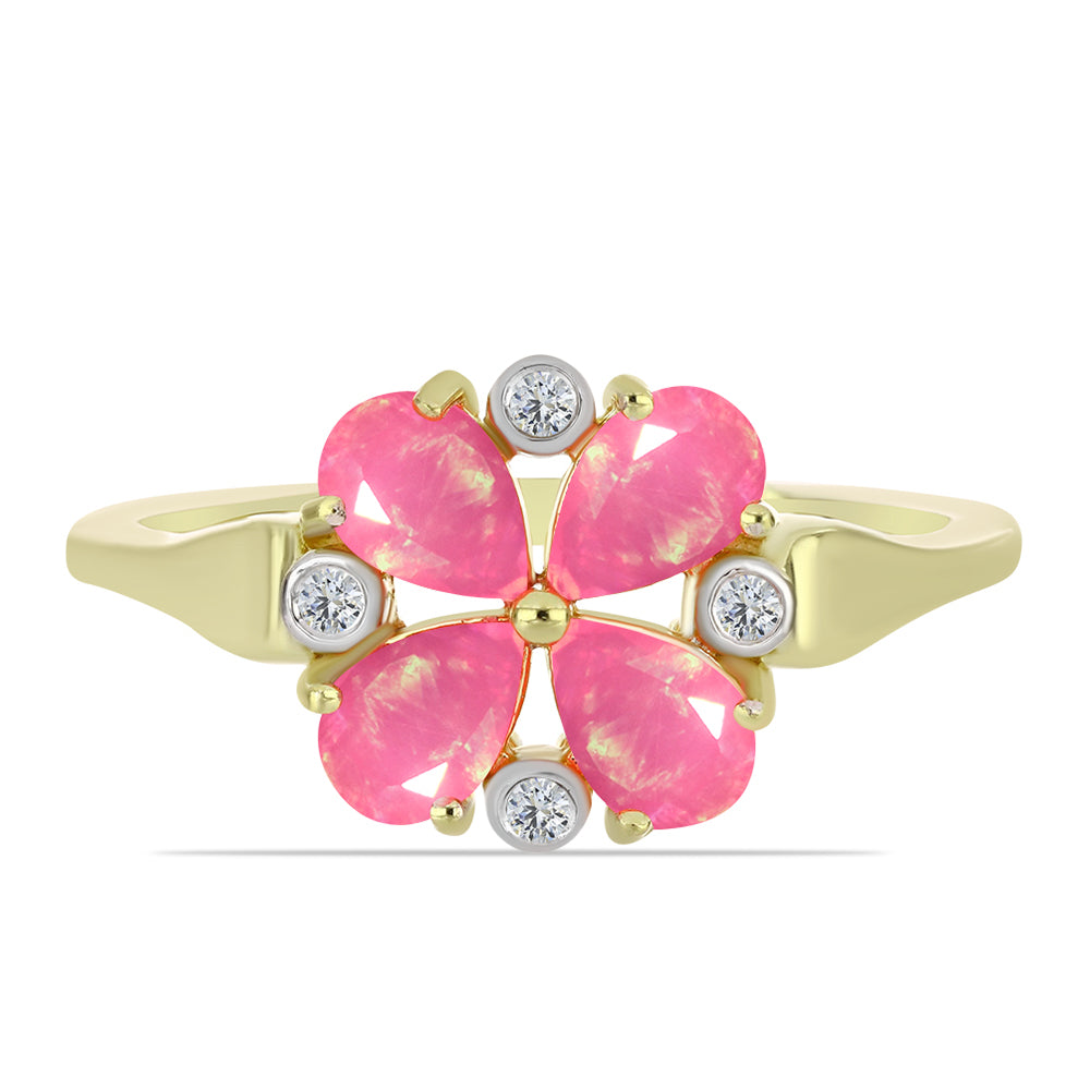 Pozlacené Stříbro 925/1000 - Prsten s Růžovým Etiopským Opálem z Lega Dembi a Bílým Topazem - Karátové číslo: 1.02. přibližná hmotnost: 2.77 gramů