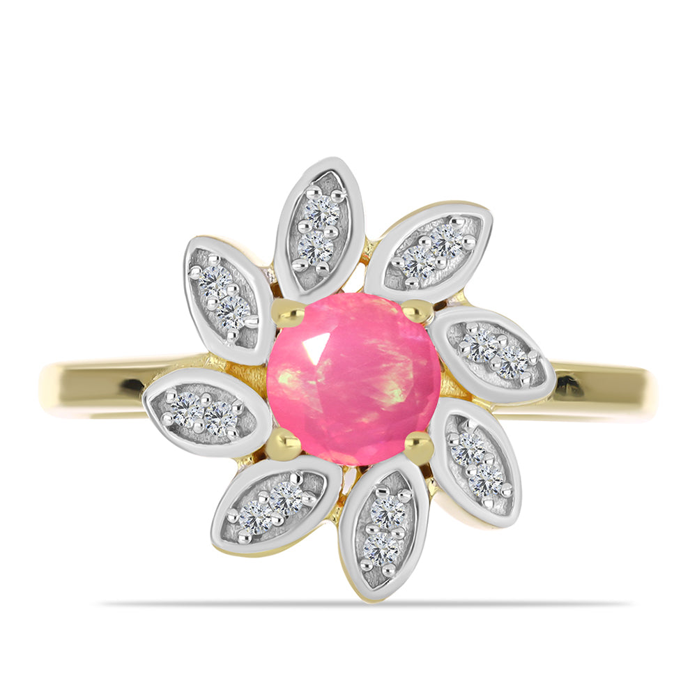 Pozlacené Stříbro 925/1000 - Prsten s Růžovým Etiopským Opálem z Lega Dembi a Bílým Topazem - Karátové číslo: 0.62. přibližná hmotnost: 3.31 gramů