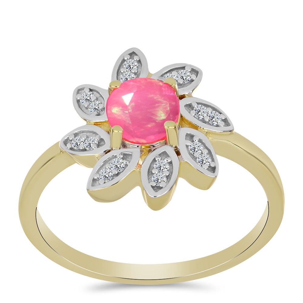 Pozlacené Stříbro 925/1000 - Prsten s Růžovým Etiopským Opálem z Lega Dembi a Bílým Topazem - Karátové číslo: 0.62. přibližná hmotnost: 3.31 gramů