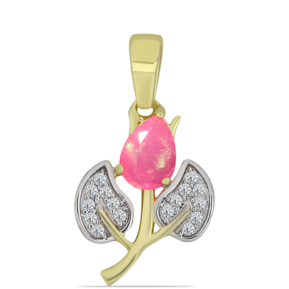 Pozlacené Stříbro 925/1000 - Přívěsek s Růžovým Etiopským Opálem z Lega Dembi a Bílým Topazem - Karátové číslo: 0.54. přibližná hmotnost: 1.22 gramů