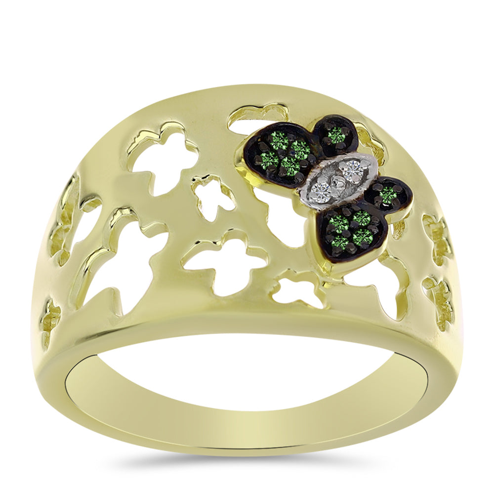 Pozlacený Stříbrný Prsten se Zeleným Diamantem a Bílým Diamantem