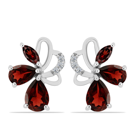 Stříbro 925/1000 Náušnice s Bartonským Granátem a Bílým Topazem - Karátové číslo: 3.05. přibližná hmotnost: 3.83 gramů