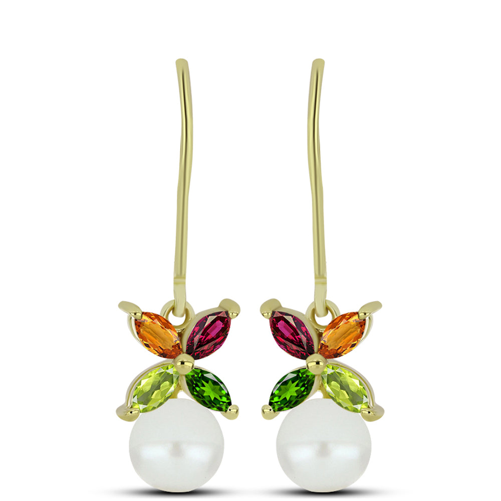 Pozlacené Stříbro 925/1000 - Náušnice s Chakra Turmalínem a Bílou Sladkovodní Perlou - Karátové číslo: 3.23. přibližná hmotnost: 2.67 gramů 1 