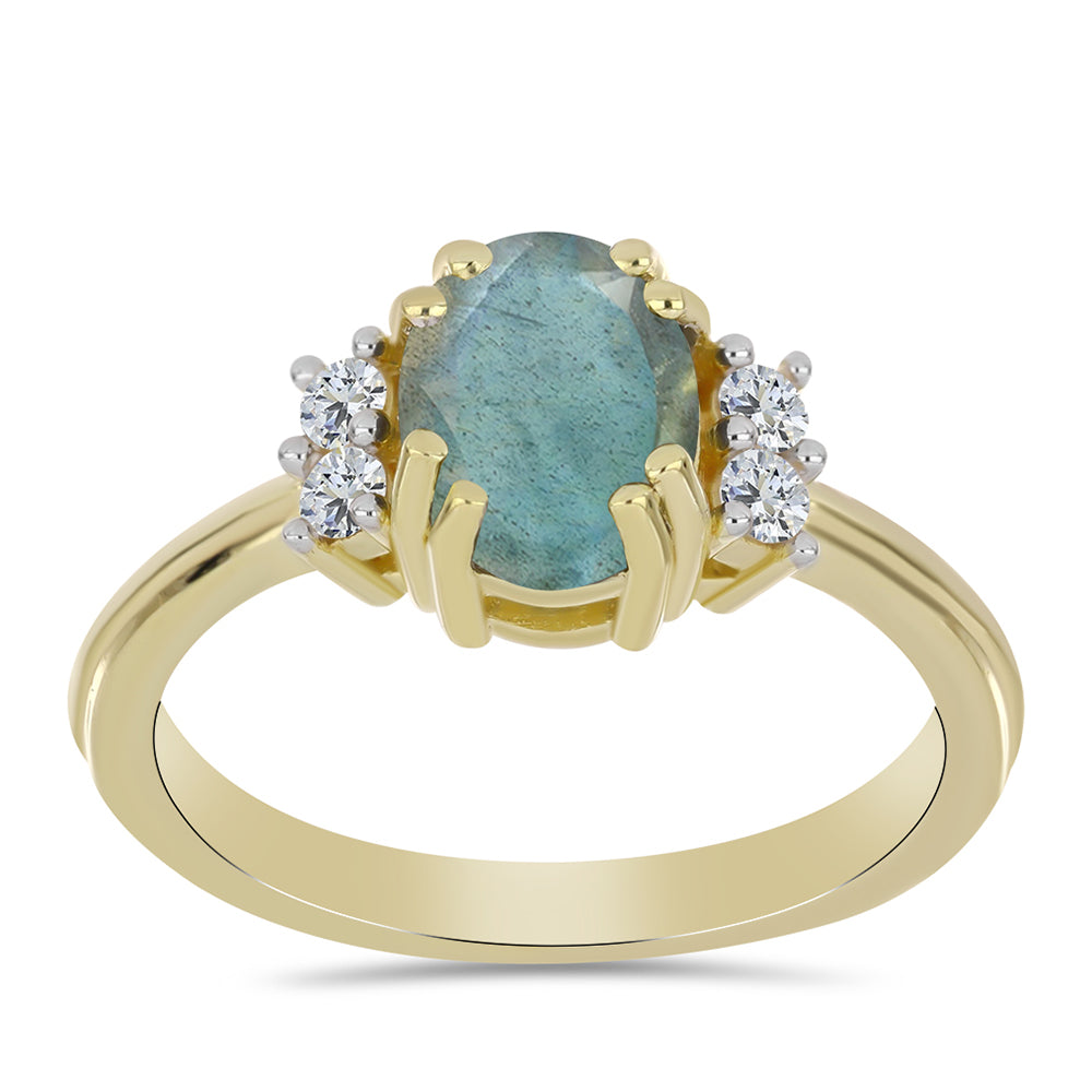 Pozlacené Stříbro 925/1000 - Prsten s Labradoritem a Bílým Topazem - Karátové číslo: 1.42. přibližná hmotnost: 2.84 gramů