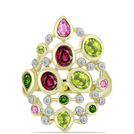 Pozlacené Stříbro 925/1000 - Prsten s Chakra Turmalínem a Bílým Topazem - Karátové číslo: 2.2. přibližná hmotnost: 6.18 gramů