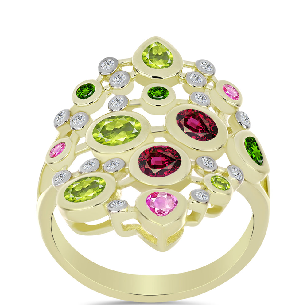 Pozlacené Stříbro 925/1000 - Prsten s Chakra Turmalínem a Bílým Topazem - Karátové číslo: 2.2. přibližná hmotnost: 6.18 gramů 3 