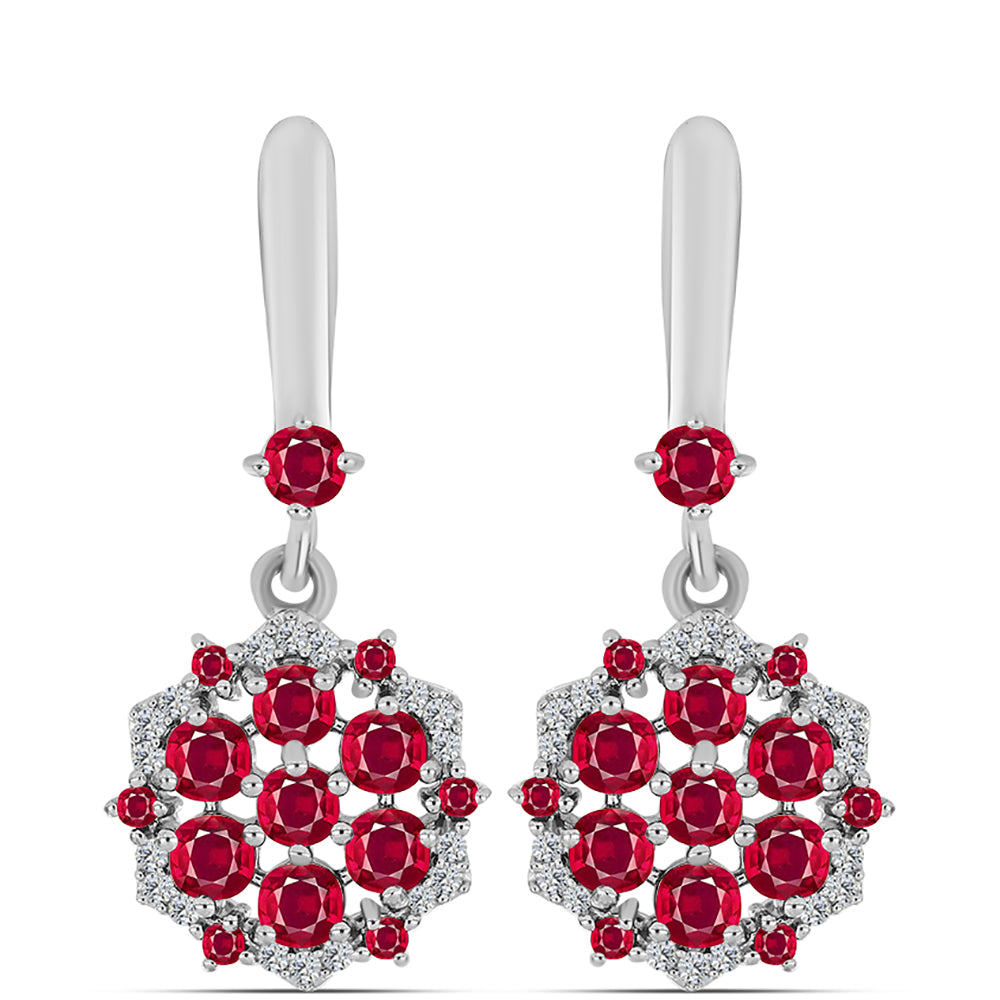 Stříbro 925/1000 - Náušnice s Madagaskarským Rubínem a Bílým Topazem - Karátové číslo: 2.91. přibližná hmotnost: 5.68 gramů