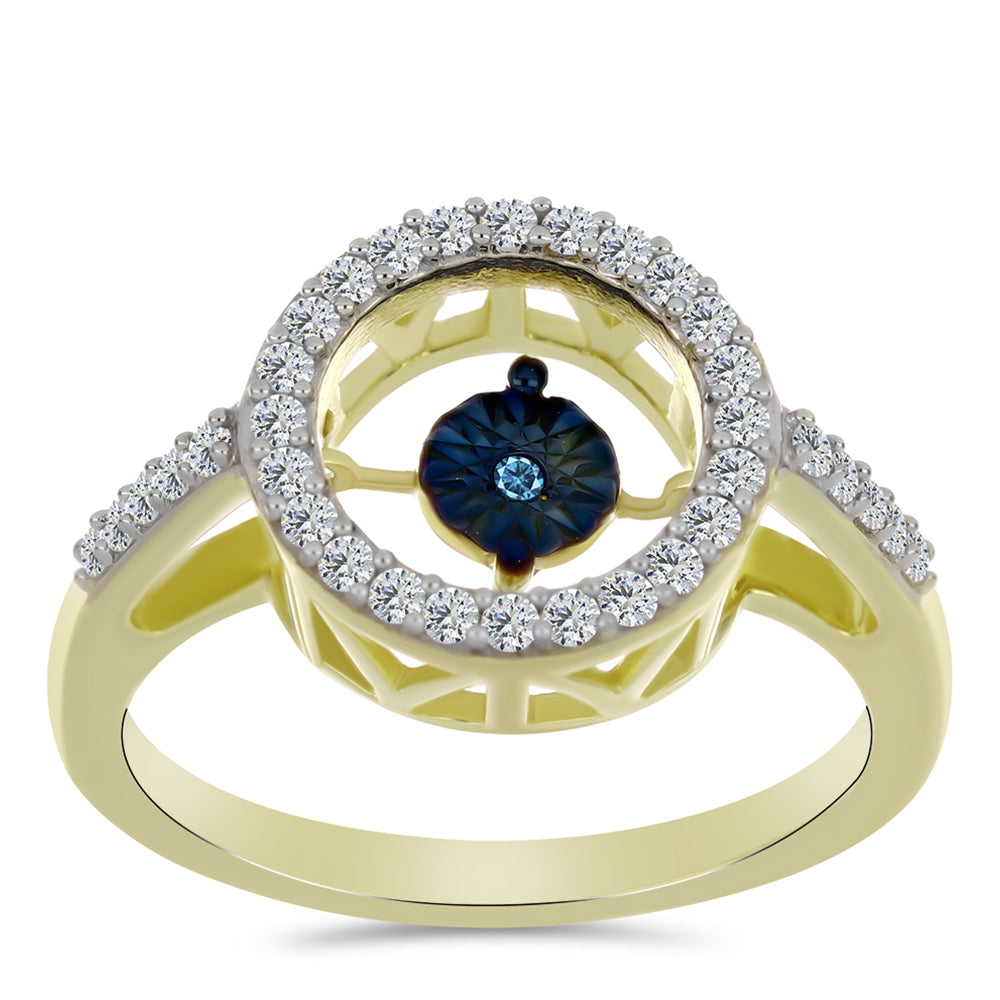 Pozlacené Stříbro 925/1000 - Prsten s Modrým tančícím diamantem a Bílým Topazem - Karátové číslo: 0.31. přibližná hmotnost: 3.05 gramů