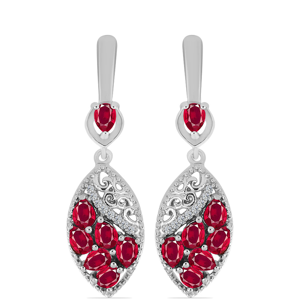 Stříbro 925/1000 - Náušnice s Madagaskarským Rubínem a Bílým Topazem - Karátové číslo: 3.29. přibližná hmotnost: 6.34 gramů