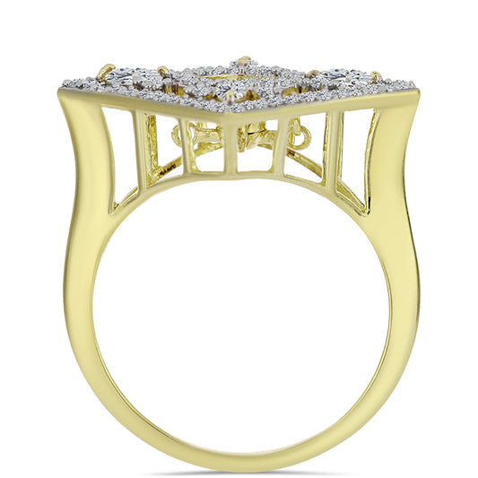 Pozlacené Stříbro 925/1000 - Prsten s Modrým tančícím diamantem a Bílým Topazem - Karátové číslo: 1.02. přibližná hmotnost: 5 gramů