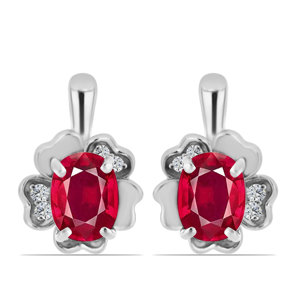 Stříbro 925/1000 - Náušnice s Madagaskarským Rubínem a Bílým Topazem - Karátové číslo: 3.78. přibližná hmotnost: 5.05 gramů