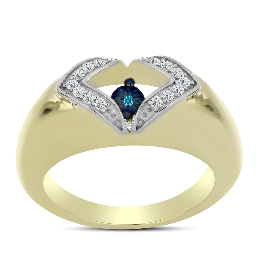 Pozlacené Stříbro 925/1000 - Prsten s Modrým tančícím diamantem a Bílým Topazem - Karátové číslo: 0.13. přibližná hmotnost: 5.02 gramů