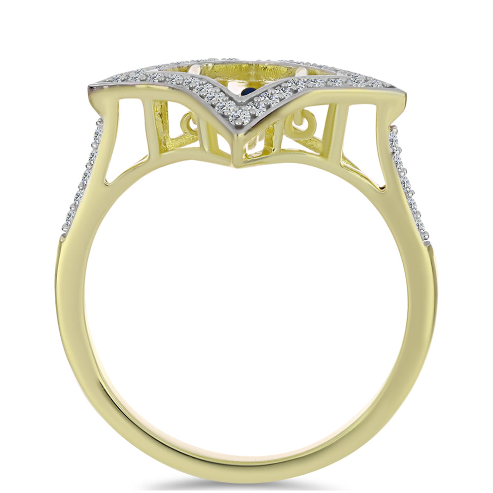 Pozlacené Stříbro 925/1000 - Prsten s Modrým tančícím diamantem a Bílým Topazem - Karátové číslo: 0.39. přibližná hmotnost: 3.33 gramů