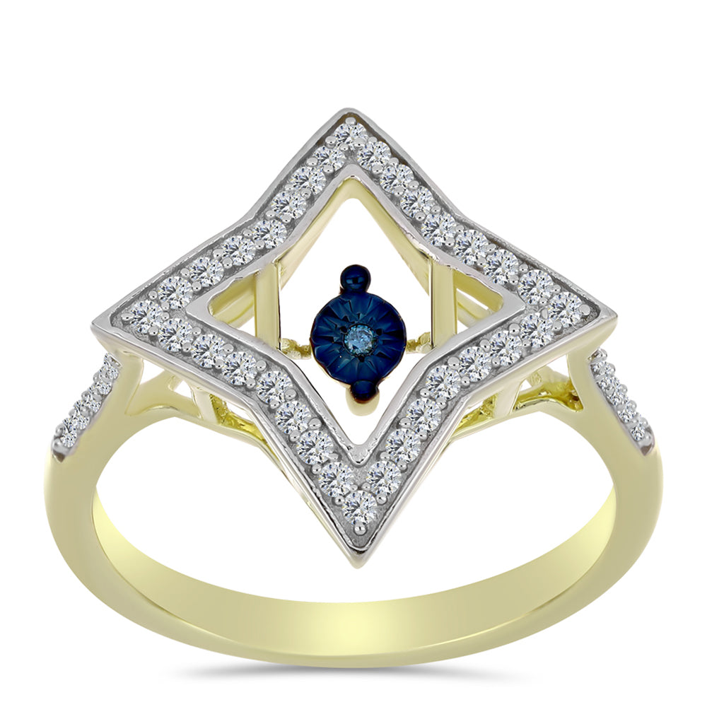 Pozlacené Stříbro 925/1000 - Prsten s Modrým tančícím diamantem a Bílým Topazem - Karátové číslo: 0.39. přibližná hmotnost: 3.33 gramů