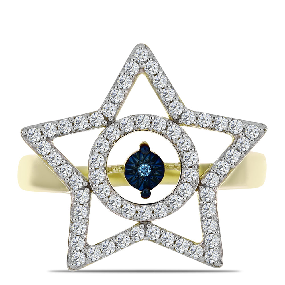 Pozlacené Stříbro 925/1000 - Prsten s Modrým tančícím diamantem a Bílým Topazem - Karátové číslo: 0.58. přibližná hmotnost: 5.08 gramů 1 