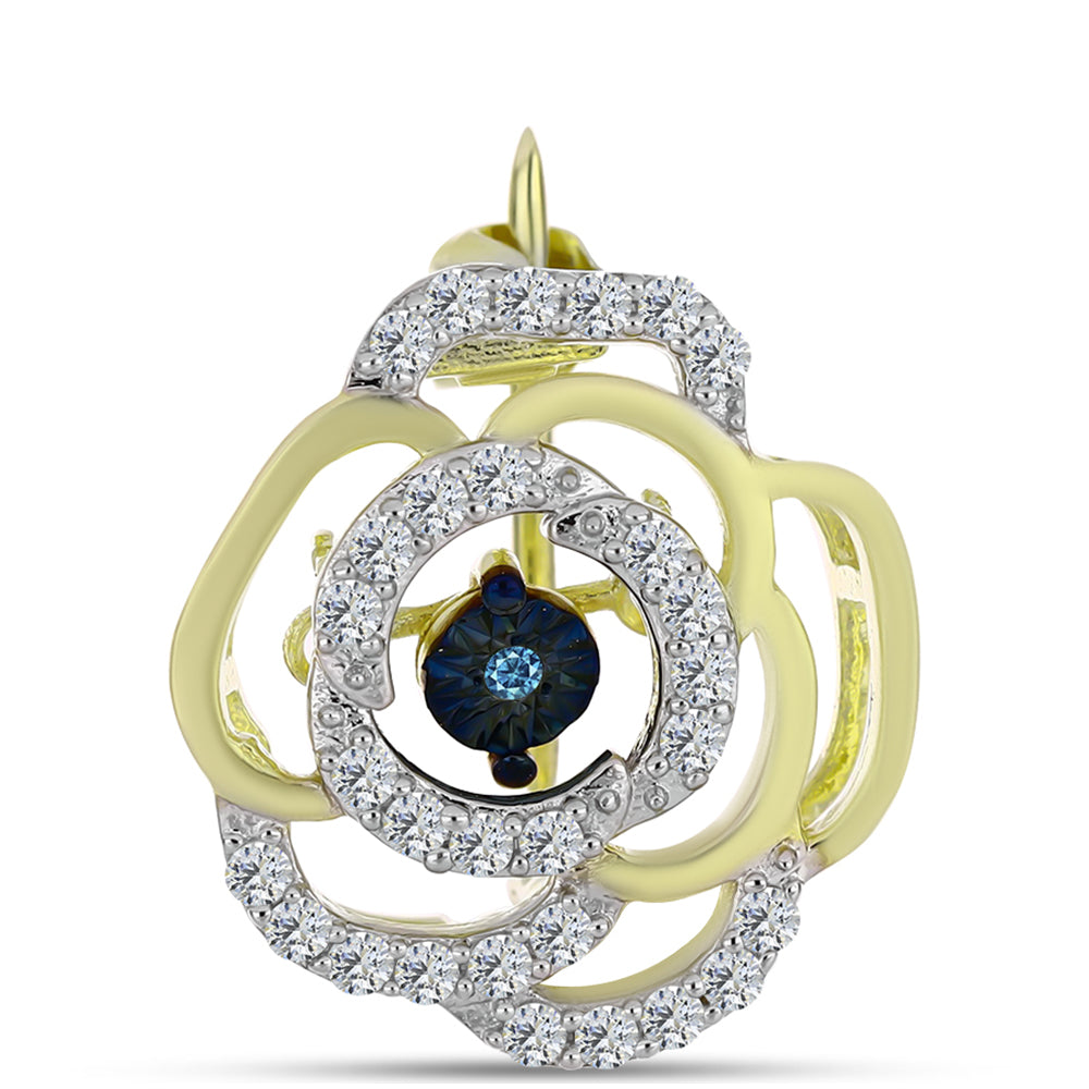 Pozlacené Stříbro 925/1000 - Brož s Modrým tančícím diamantem a Bílým Topazem - Karátové číslo: 0.27. přibližná hmotnost: 1.76 gramů