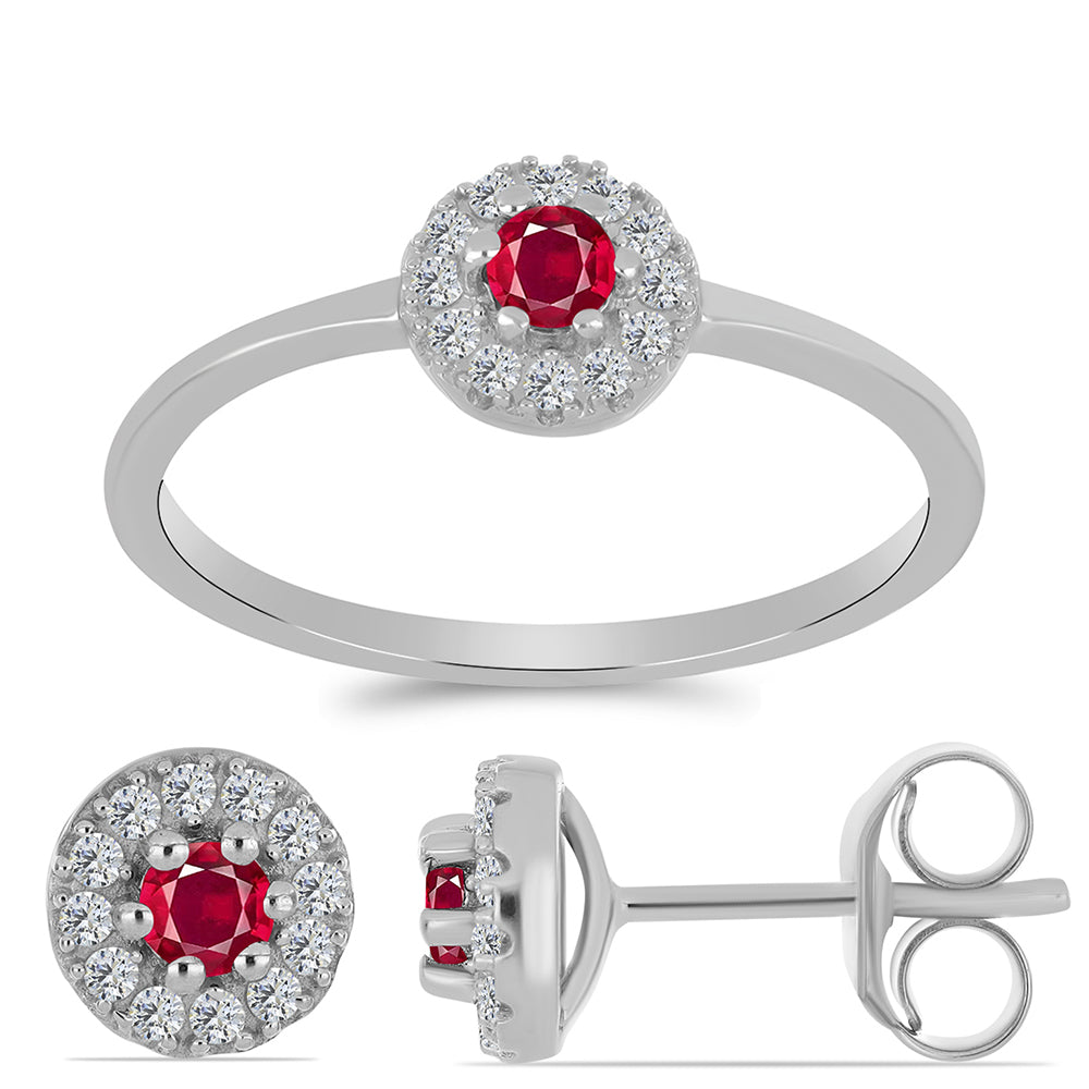 Stříbro 925/1000 - Sada s Madagaskarským Rubínem a Bílým Topazem - Karátové číslo: 0.78. přibližná hmotnost: 3.07 gramů ( Náušnice+Prsten ) 1 