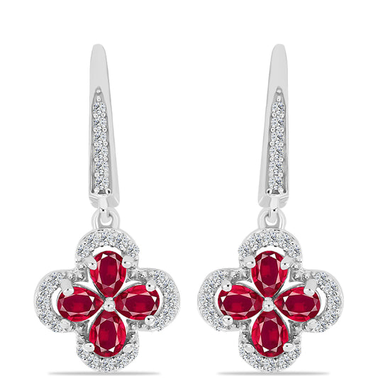 Stříbro 925/1000 - Náušnice s Madagaskarským Rubínem a Bílým Topazem - Karátové číslo: 2.12. přibližná hmotnost: 4.6 gramů