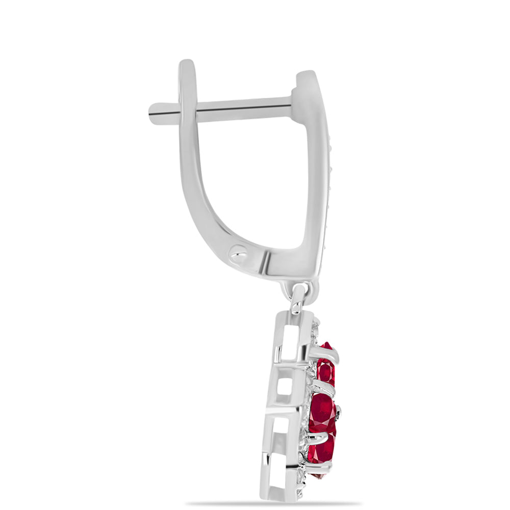 Stříbro 925/1000 - Náušnice s Madagaskarským Rubínem a Bílým Topazem - Karátové číslo: 2.12. přibližná hmotnost: 4.6 gramů