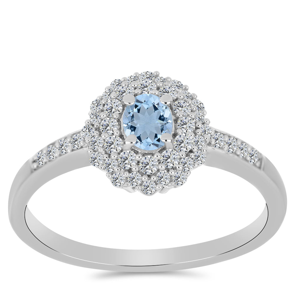 Stříbro 925/1000 - Prsten s Akvamarínem z Embu County a Bílým Topazem - Karátové číslo: 0.75. přibližná hmotnost: 2.72 gramů