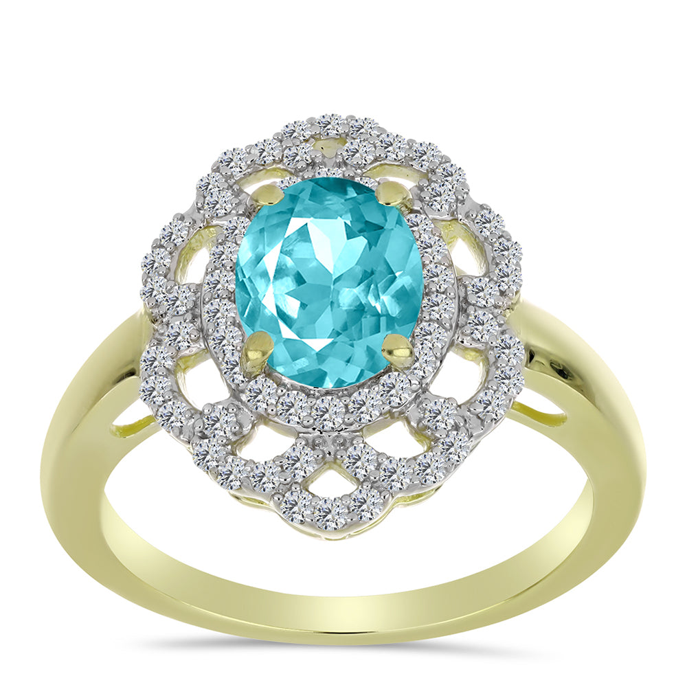 Pozlacené Stříbro 925/1000 - Prsten s Paraiba Křemenem a Bílým Topazem - Karátové číslo: 2.27. přibližná hmotnost: 4.21 gramů