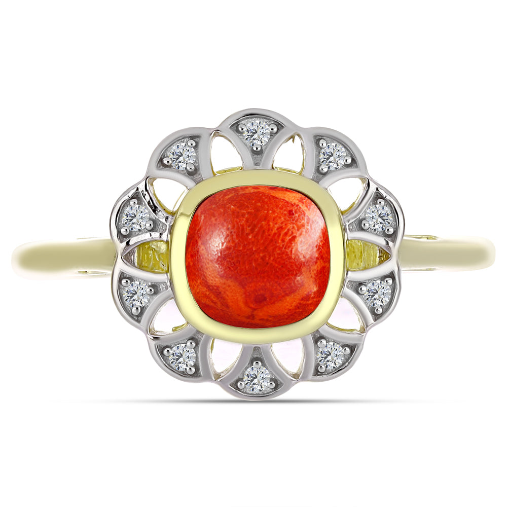 Pozlacený Stříbrný Prsten s Červeným Houbovým Korálem a Bílým Topazem 1 