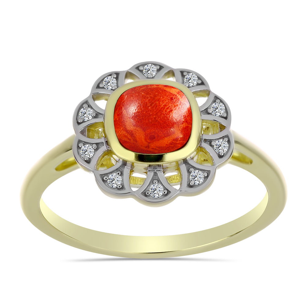 Pozlacený Stříbrný Prsten s Červeným Houbovým Korálem a Bílým Topazem 3 