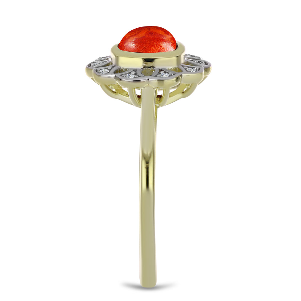 Pozlacený Stříbrný Prsten s Červeným Houbovým Korálem a Bílým Topazem 4 