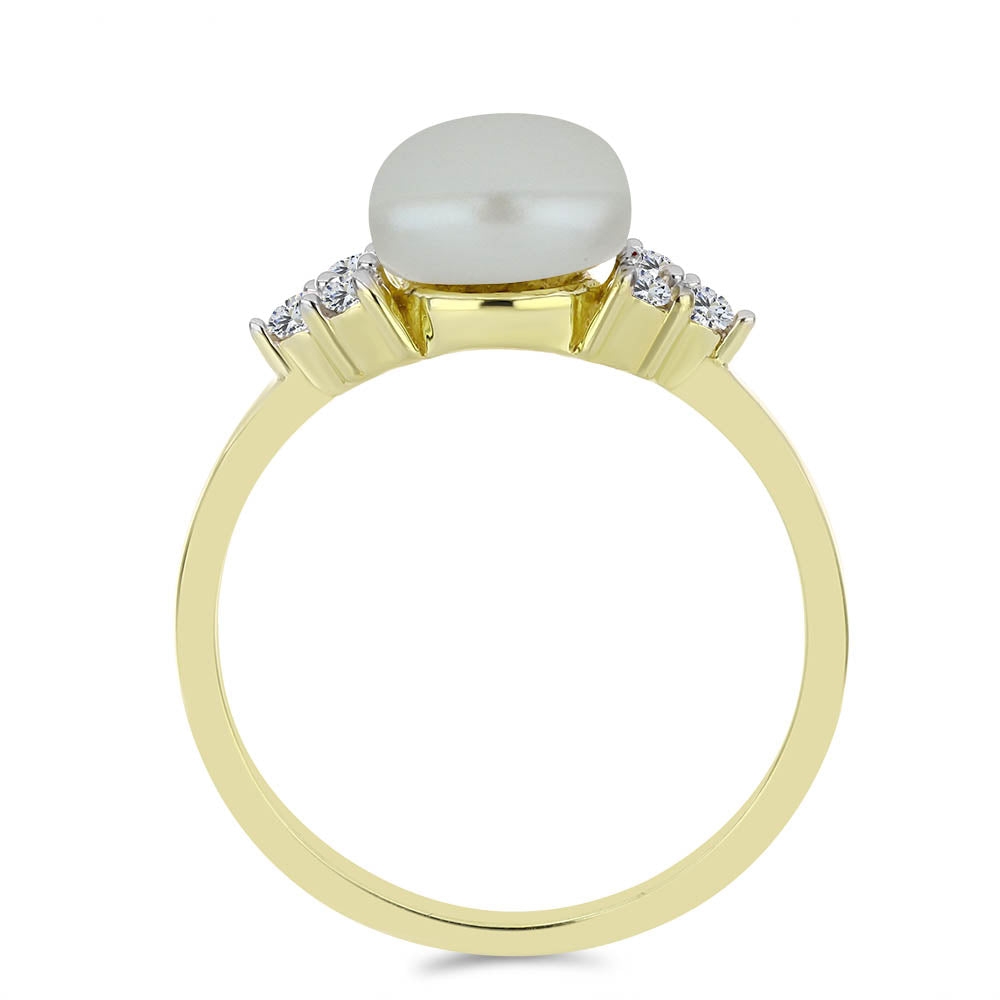 Pozlacené Stříbro 925/1000 - Prsten s Bílou Sladkovodní Perlou a Bílým Topazem - Karátové číslo: 3.31. přibližná hmotnost: 2.72 gramů