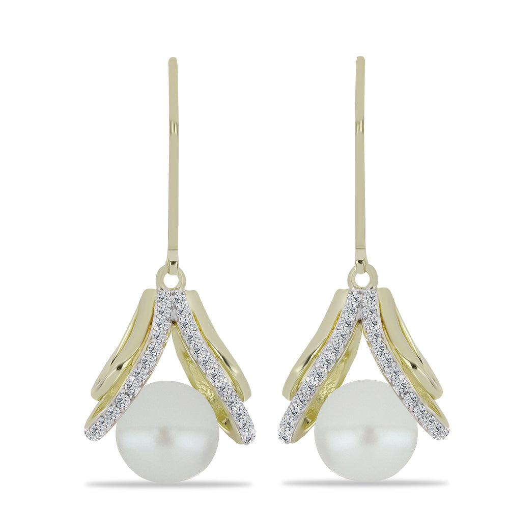 Pozlacené Stříbro 925/1000 - Náušnice s Bílou Sladkovodní Perlou a Bílým Topazem - Karátové číslo: 6.16. přibližná hmotnost: 5.54 gramů