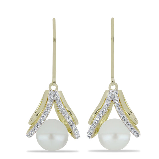 Pozlacené Stříbro 925/1000 - Náušnice s Bílou Sladkovodní Perlou a Bílým Topazem - Karátové číslo: 6.16. přibližná hmotnost: 5.54 gramů