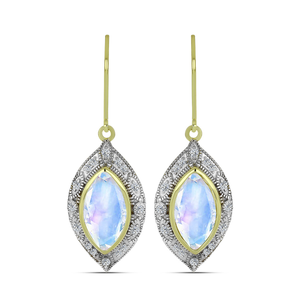 Pozlacené Stříbro 925/1000 - Náušnice s Duhovým Měsíčním Kamenem a Bílým Topazem - Karátové číslo: 5.97. přibližná hmotnost: 6.01 gramů 1 