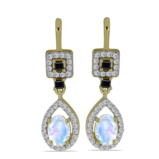 Pozlacené Stříbrné Náušnice s Duhovým Měsíčním Kamenem a Černým spinelem