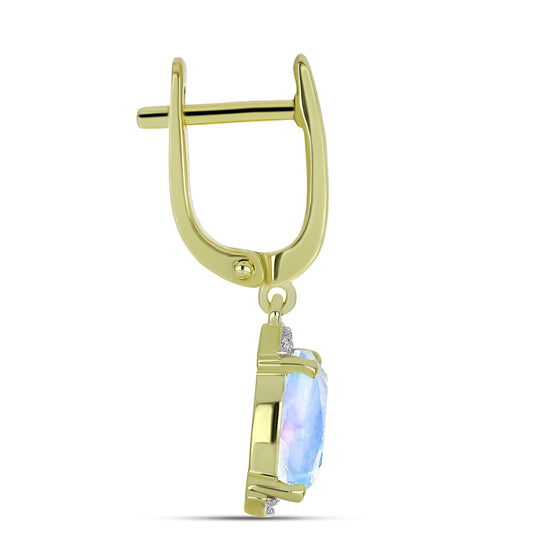 Pozlacené stříbro 925/1000 Náušnice s Duhovým Měsíčním Kamenem a Bílým Topazem - Karátové číslo: 4.21. přibližná hmotnost: 4.38 gramů
