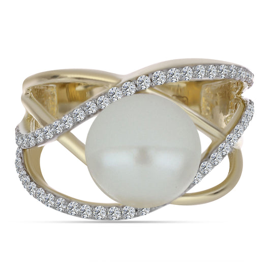 Pozlacené Stříbro 925/1000 - Prsten s Bílou Sladkovodní Perlou a Bílým Topazem - Karátové číslo: 6.52. přibližná hmotnost: 5.88 gramů