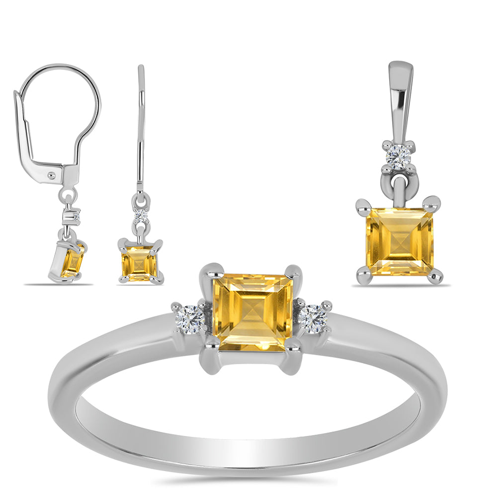 Stříbro 925/1000 - Sada s Uralským Citrínem a Bílým Topazem - Karátové číslo: 1.47. přibližná hmotnost: 3.69 gramů ( Náušnice+Prsten+Přívěsek ) 1 